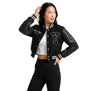 Personalized <b>Women</b> Varsity <b>Jacket</b> Cropped Wool Leather Sleeves Chenille Patches Embroidered Letterman <b>Bomber</b> <b>Jacket</b> - Product Image 2