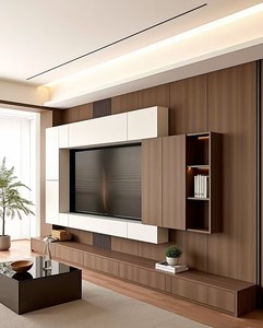 Современная деревянная тумба под телевизор: многофункциональная, с местом для хранения, настенная и напольная установка, экологичный дизайн ручной работы для гостиных и торговых центров - Product Image 5