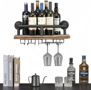 <strong>Industrial</strong> Wall Mounted Wine Rack Wine Bottle Stemware Glass Rack Floating Shelf <strong>Pipe</strong> Hanging <strong>Shelving</strong> with Glass Holders - Product Image 1