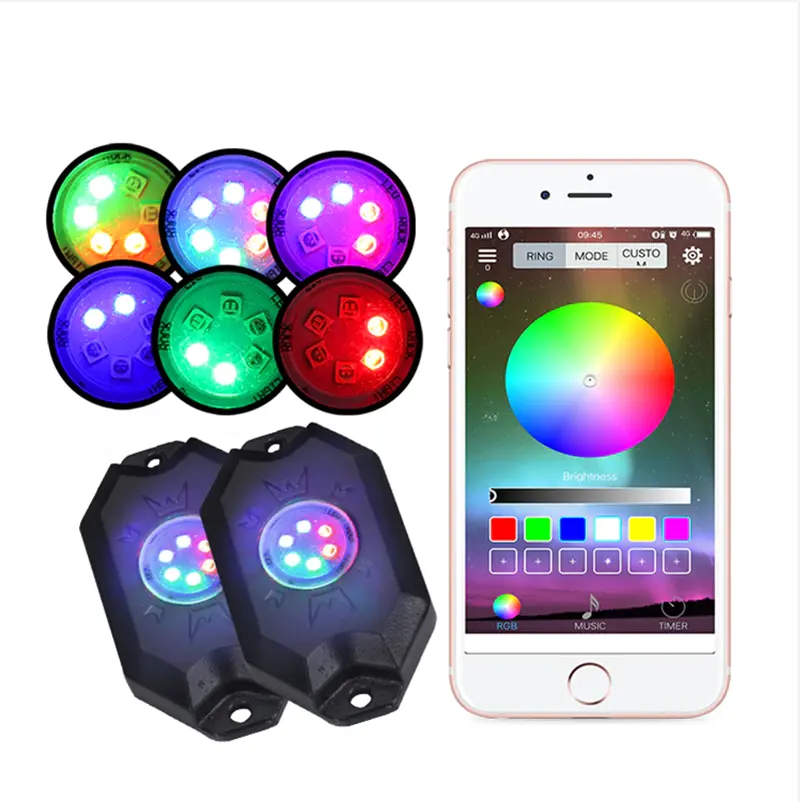 4/8Pods RGB LED Rock Lights With Bluetooth Controller Remote RGB LED Decorative Ambient Light For Offroad,SUV,Pickup, RZR,Trucks