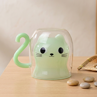 Vente en gros de tasses à café en verre à double paroi mignonnes, en forme de chat 3D, résistantes à la chaleur, avec poignée