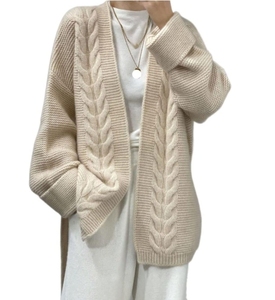 Cárdigan de lana de <span class=keywords><strong>mujer</strong></span> de estilo perezoso suelto desabotonado de longitud media personalizado Chaqueta de suéter de Cachemira larga gruesa de siete agujas - Product Image 1
