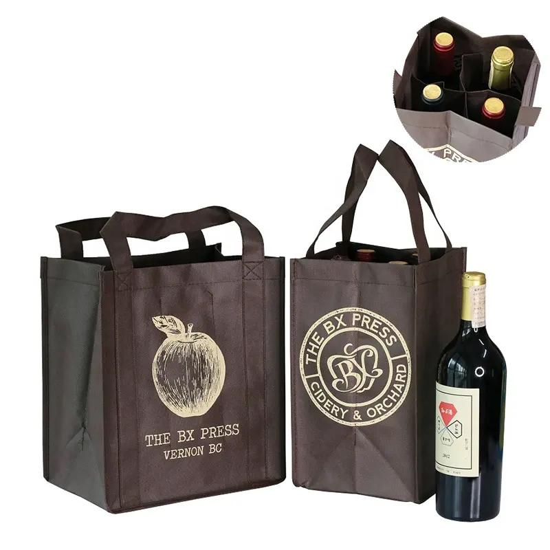 Saco de presente de vinho não tecido promocional durável e reutilizável com logotipo personalizado impresso 4 garrafas 6 garrafas