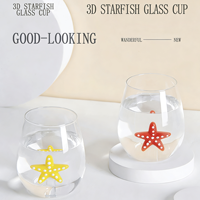 Verre à boire sans pied en borosilicate soufflé à la main, design étoile de mer 3D, 410 ml, avec bouchon de paille, compatible lave-vaisselle et micro-ondes, pour le thé