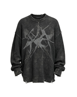 Sweat à capuche épais en tricot gaufré vieilli avec strass, effet délavé vintage, effet soleil et pulvérisation usée, style streetwear, décorations à rivets pour homme