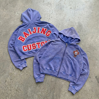 Sweat à capuche en chenille avec effet éclaboussures de strass, veste zippée violette délavée pour homme, streetwear personnalisé avec patchs