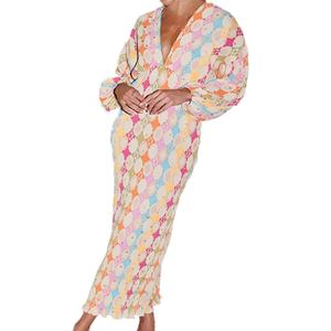 Vestido Elegante de Mujer OEM de Alta Calidad, Estilo Línea A, Venta al por Mayor Personalizada, Cuello en V, Manga Larga Tipo Linterna, Estampado Otoñal con Toque de Temperamento - Product Image 3