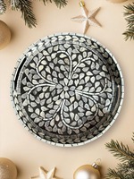 Plateau de service artisanal moderne en MDF avec incrustation de nacre, motif floral, écologique, durable, léger, avec poignées, pour mariages et Diwali