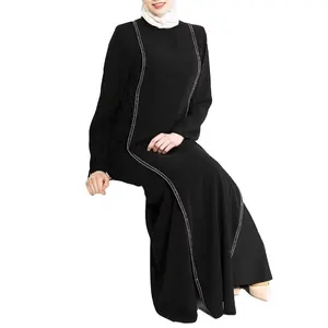 Middle East Dress Muslim Qatar Cross Border Abaya Robe Hot Rhinestone Women's Round Neck Solid Color Long Sleeve Dresses