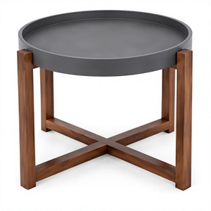 Modern Round Tray <b>Top</b> Coffee <b>Table</b> with <b>Solid</b> Acacia <b>Wood</b> Cross Legs Contemporary Design Durable Living Room Furniture - Product Image 5