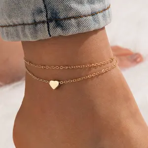 Cavigliera con ciondolo a forma di cuore a catena sottile placcata oro a doppio strato di moda semplice europa per gioielli da donna