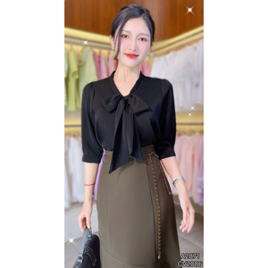 Chemisier Femme Durable à Manches Longues avec Grand Nœud Papillon, Haut Uni Décontracté pour le Bureau, Manches Raglan Trois Quarts, Toutes Saisons - Product Image 3