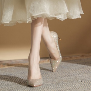 Sandalias de Tacón Alto con Pedrería, Estilo Europeo Americano, para Mujer, con Punta Abierta, Elegantes y de Lujo, para Fiestas, Banquetes y Bodas - Product Image 1