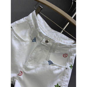 Pantalones cortos de mezclilla de tres cuartos con bordado pesado blanco, nuevo verano, cintura alta, estilo de ocio coreano japonés, pierna ancha delgada, caliente - Product Image 2