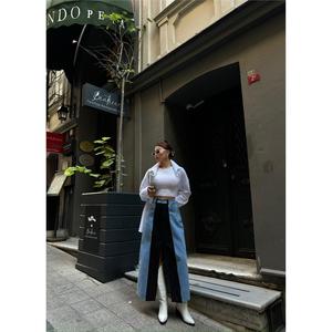 <b>Black</b> Denim <b>Long</b> <b>Skirt</b> Front Slit Button Decoration Casual Formal Style for All Seasons Asymmetric Print Washed Technique Light - Product Image 5