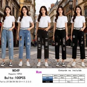 N049 Pantaloni in Denim da Donna a Vita Alta con Effetto Usurato, Cinque Tasche, Lunghezza alla Caviglia, Vestibilità Regolare, Stile Casual con Design Patchwork - Product Image 3