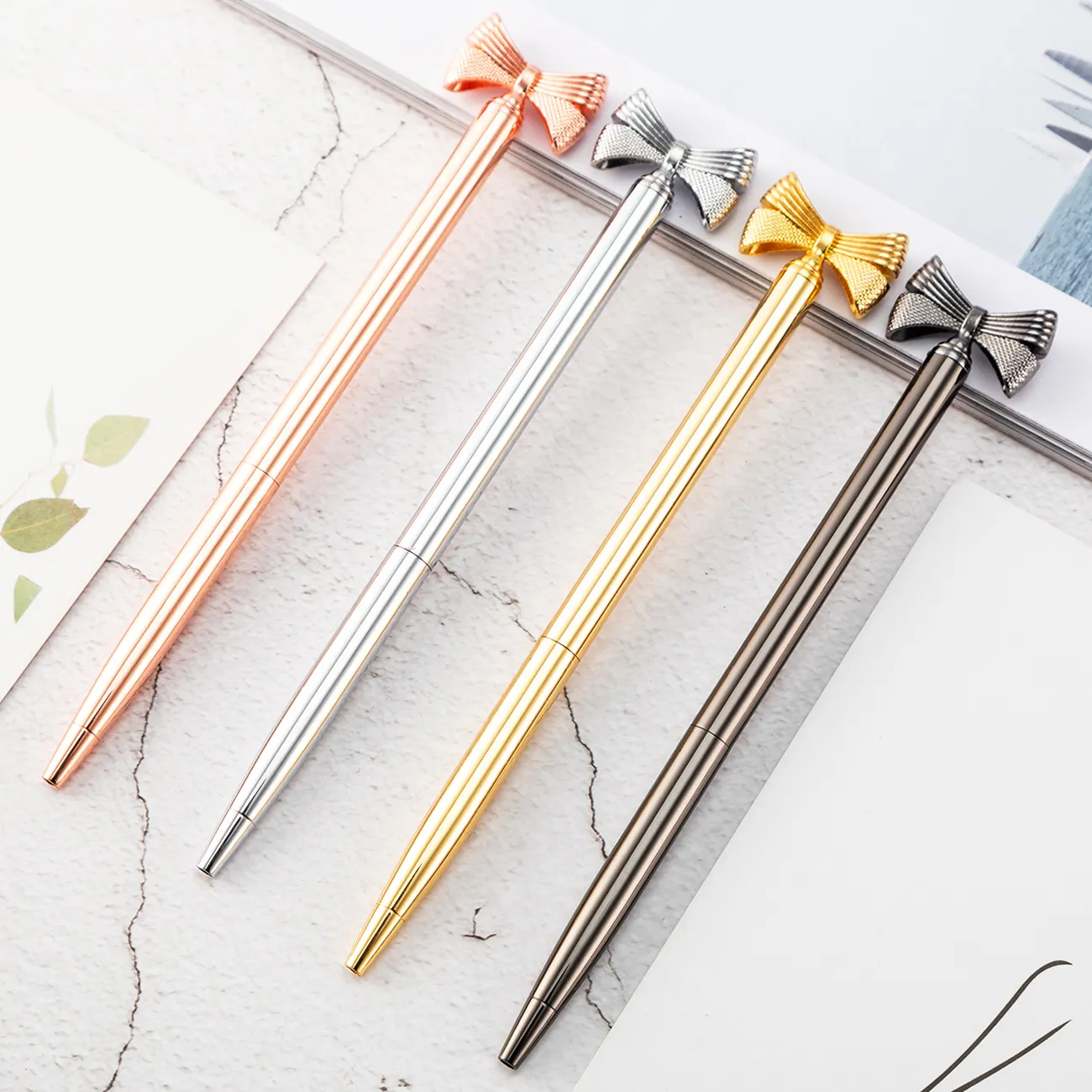 Lisen New creative small bow head twist metal pens laser logo rose gold cute girl gift pen