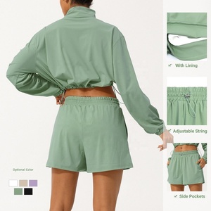 Completo sportivo da donna 2 pezzi <span class=keywords><strong>per</strong></span> palestra Fitness con Zip e abbigliamento protettivo a manica lunga 50 + pantaloncini sportivi da corsa - Product Image 3