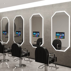 Semplice Postazione da Barbiere in Acciaio Inox, Attrezzatura per Salone, Specchio per Parrucchiere con TV e Luci da Parete - Product Image 6