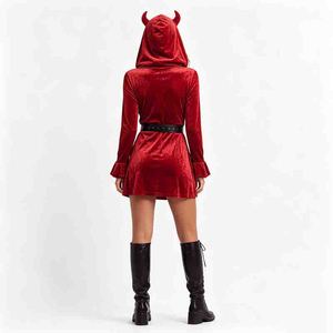 Robe de démon en velours rouge pour femme avec capuche à cornes, mini-robe gothique à lacets avec ceinture, <span class=keywords><strong>tenue</strong></span> de cosplay pour Halloween - Product Image 5