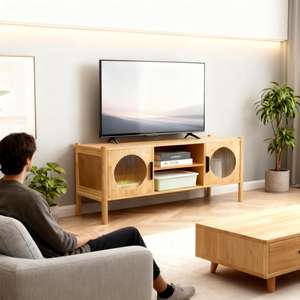 خزانة تلفزيون عصرية مخصصة من الخيزران ببابين ورفين مفتوحين - Product Image 2