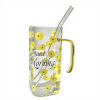 400ml Hitzebeständige Bleifreie Borosilikatglas Quadratische Tasse mit Buntem Griff, Deckel, Strohhalm und Blumenmuster, Spülmaschinenfest, für Zuhause
