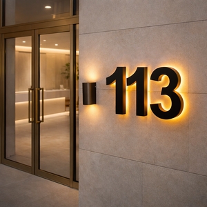 Signo de número de casa retroiluminado moderno, números de Metal negro 3D CON ADORNO dorado, resistente al agua para pared exterior, edificio de oficinas de Hotel de lujo - Product Image 1