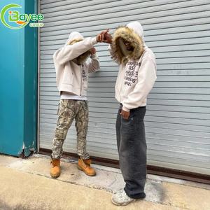 Sweat à capuche surdimensionné Y2k personnalisé avec impression sur la <span class=keywords><strong>fermeture</strong></span> éclair, en molleton français, <span class=keywords><strong>fermeture</strong></span> éclair, capuche en fausse fourrure, sweat à capuche pour hommes - Product Image 5