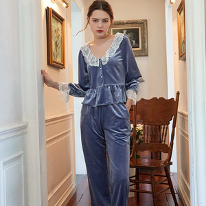 Pigiama <span class=keywords><strong>da</strong></span> Donna Nuovo Stile Autunno e Inverno in Velluto a Quadri Completo a Maniche Lunghe Stile Principessa Dolce <span class=keywords><strong>Abbigliamento</strong></span> <span class=keywords><strong>da</strong></span> <span class=keywords><strong>Casa</strong></span> - Product Image 6