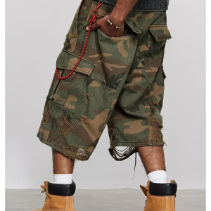 Pantalones cortos de pierna ancha rasgados de camuflaje personalizados Algodón puro Pantalones cortos de camuflaje estilo HipP Hop de alta calidad vintage - Product Image 2