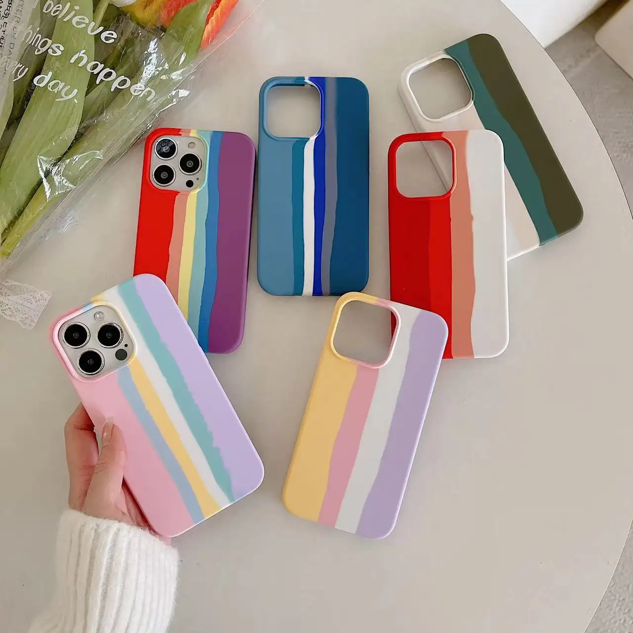 Capa de celular de silicone líquido de arco-íris, capinha de proteção completa para iphone 14, 13, 12, 11 pro, max, xr, xsmax, 8, 7, 6 plus