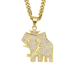 Pingente de hip-hop hip-hop de aço inoxidável banhado a ouro com pingente de coroa de elefante e diamantes HipHopElephantNeckla
