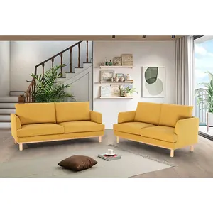 Doğa ahşap süslemeleri ile İskandinav parlak sarı kaliteli kumaş basit eğlence küçük oturma odası özelleştirilebilir koltuk takımı