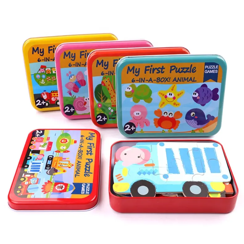 Children Creative Early Education Toy Wooden Puzzle Iron Box 6 In 1 Educational Animal Puzzle