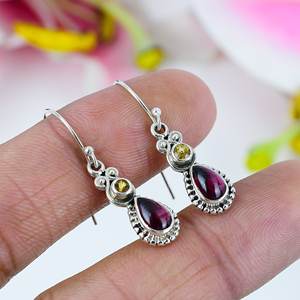 Garnet & <b>Citrine</b> Silver Drop <b>Earrings</b> | Dual Gemstone Teardrop Dangle <b>Earrings</b> | Handmade Designer Jewelry - Product Image 1