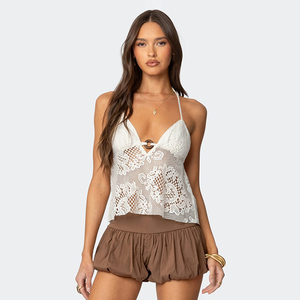 Bohemia Lace Halter Peplum A-line Top, Mesh Perspective Ring Detail Open <b>Back</b> <b>Tie</b> <b>Back</b> Top, Y2K Casual Summer Blouse - Product Image 1