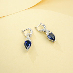 925 Sterling <b>Silver</b> <b>Drop</b> <b>Earrings</b> Pear Cut Lab Created Blue Sapphire with CZ Accents High Quality Gift - Product Image 3