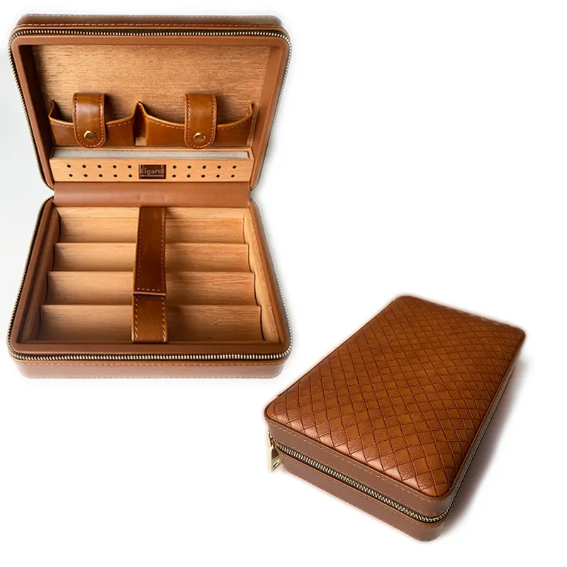 Hot Sale High quality Travel Leather & Wooden Cigar Case Cigar box with Humidor Cigar Holder Brown CD-035BR-1