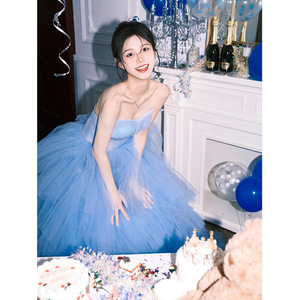 Blue Strapless Tulle Ball Gown Empire Waistline Wedding Dress Bridal Gown Birthday Dress - Product Image 2