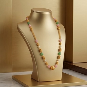 Antique 925 Silver <b>Necklace</b> with Pink and Green Beads Long Chain Mala <b>Statement</b> Jewelry for Women Wedding and Party Wear - Product Image 4