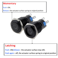 Bouton poussoir en aluminium noir anti-vandalisme momentané étanche IP67 16 mm 12V avec voyant LED bleu