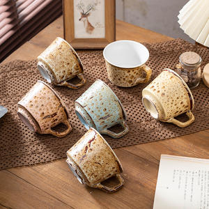 Japanese Retro Matte Ceramic Cup With Handle Solid Color Leopard Print Design For Tea Coffee Breakfast Use - Product Image 2