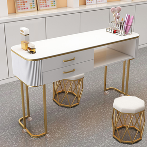 Juego de mesa de manicura moderna con patas doradas y superficie blanca para muebles de salón de belleza de uñas - Product Image 3