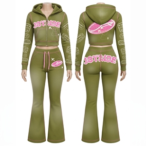 Custom Acid Wash Hoodie <b>Set</b> Women Long Sleeves Tracksuit <b>Sets</b> Zipper Hoodie Jacket and Flared Pants Two Piece Lounge <b>Sets</b> - Product Image 1