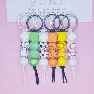New Monogram Wood Key Chains Football Basketball Tennis Keychain Print Wooden Bead Sport Keychain Car Bag Charm Pendant Hangings