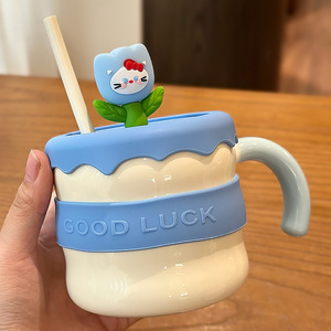 Jiao Porcelain Coffee Flower Cat High Appearance Level Straw Mark Ceramic <b>Mug</b> Lid Spoon <b>Cute</b> Gift Box Back to School Creativity - Product Image 4