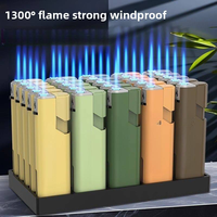 Briquet à flamme jet anti-explosion et coupe-vent, 1300 ° Briquet d'extérieur minimaliste rechargeable en métal et silicone épaissi C Blue Flame avec logo