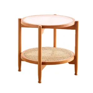 Nordic Simple Round Glass Top Coffee Table Wooden Legs Rattan Sofa Side Table for Living Room