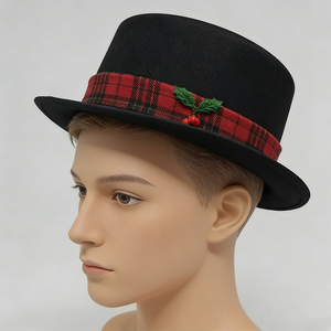 Chapeau de Noël noir à carreaux avec bande et décorations de houx, chapeau de gentleman pour adulte pour spectacle de fêtes - Product Image 1