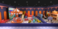 Aire de jeux intérieure commerciale sur le thème de la ville bleu pastel personnalisée avec toboggan, piscine à balles et zone de jeu de rôle pour enfants de centre commercial et FEC